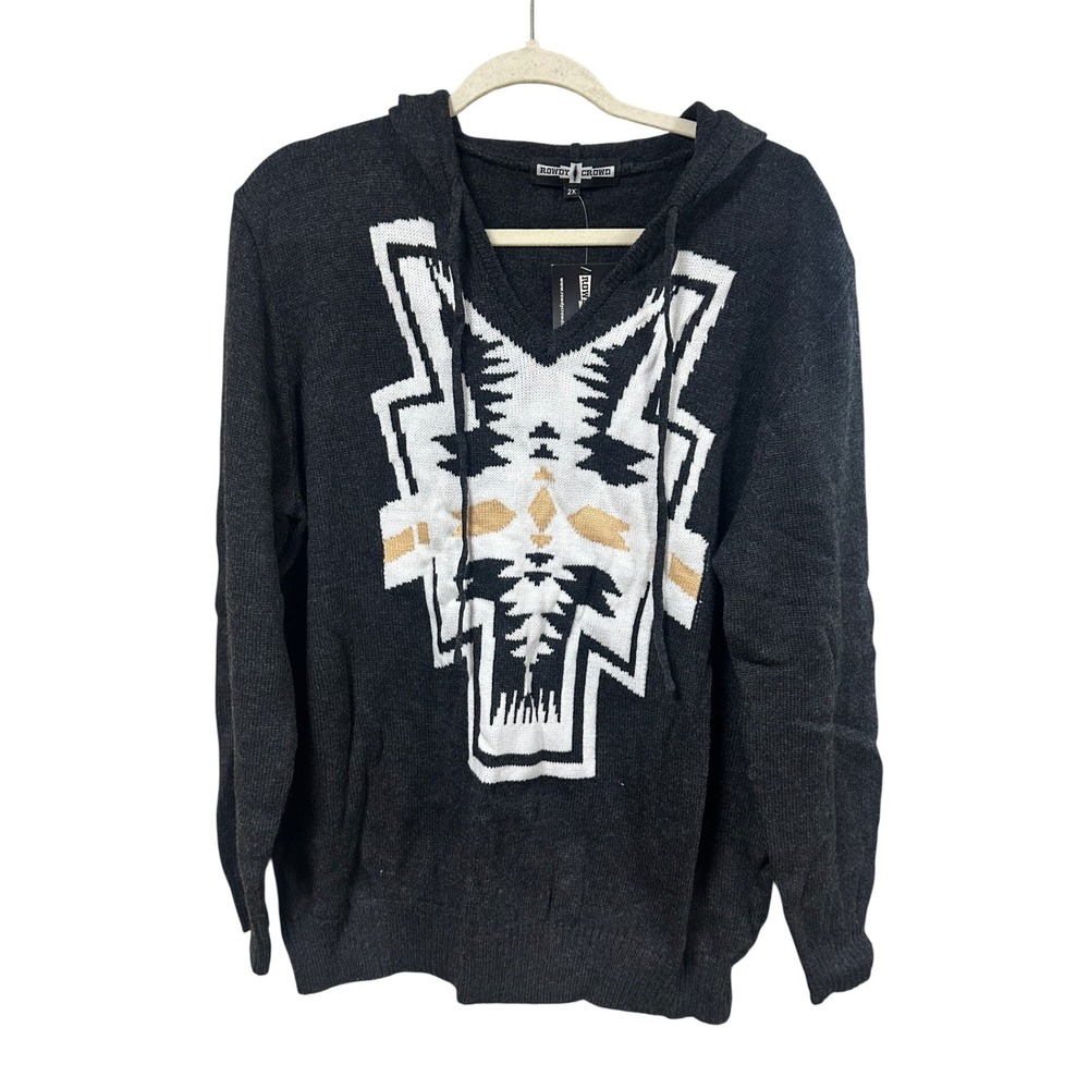 Rowdy Crowd Womens Charcoal Southwestern Knit Hoodie Sweater 2X NWT